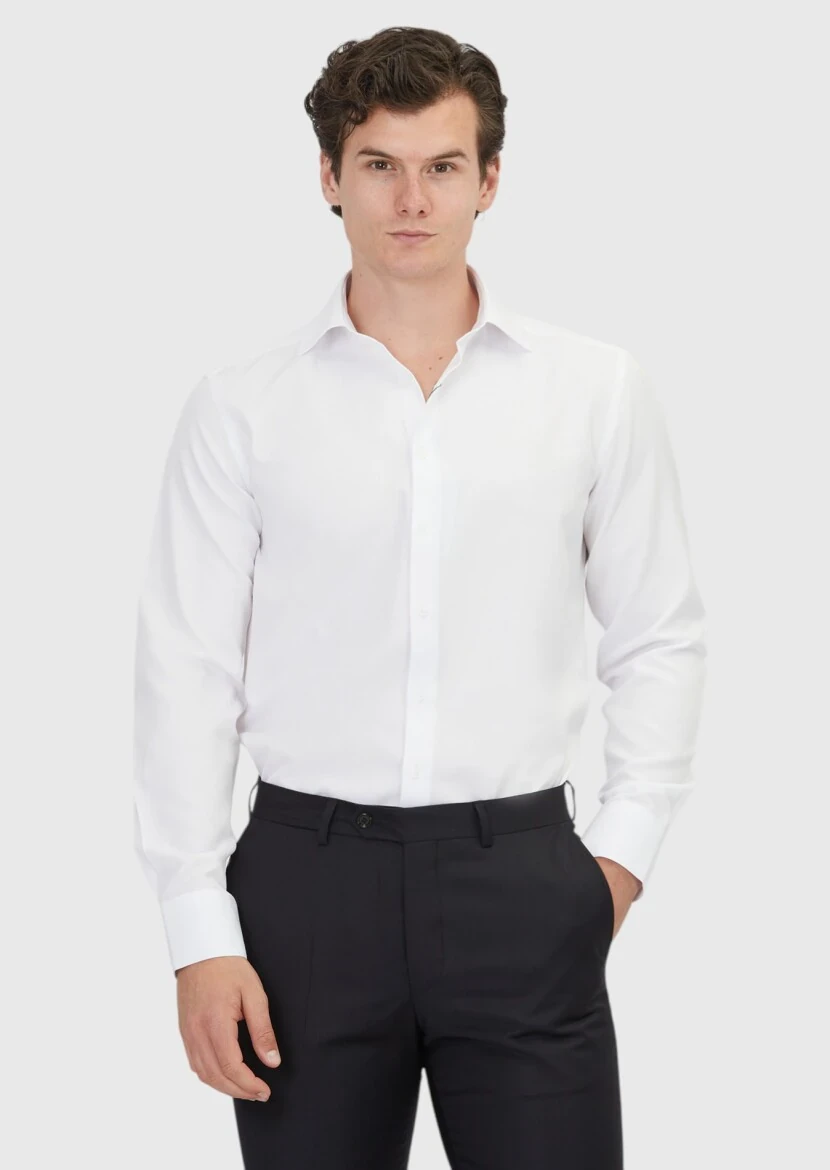 White Plain Regular Fit Weaving Classical Cotton Blended Shirt - 1