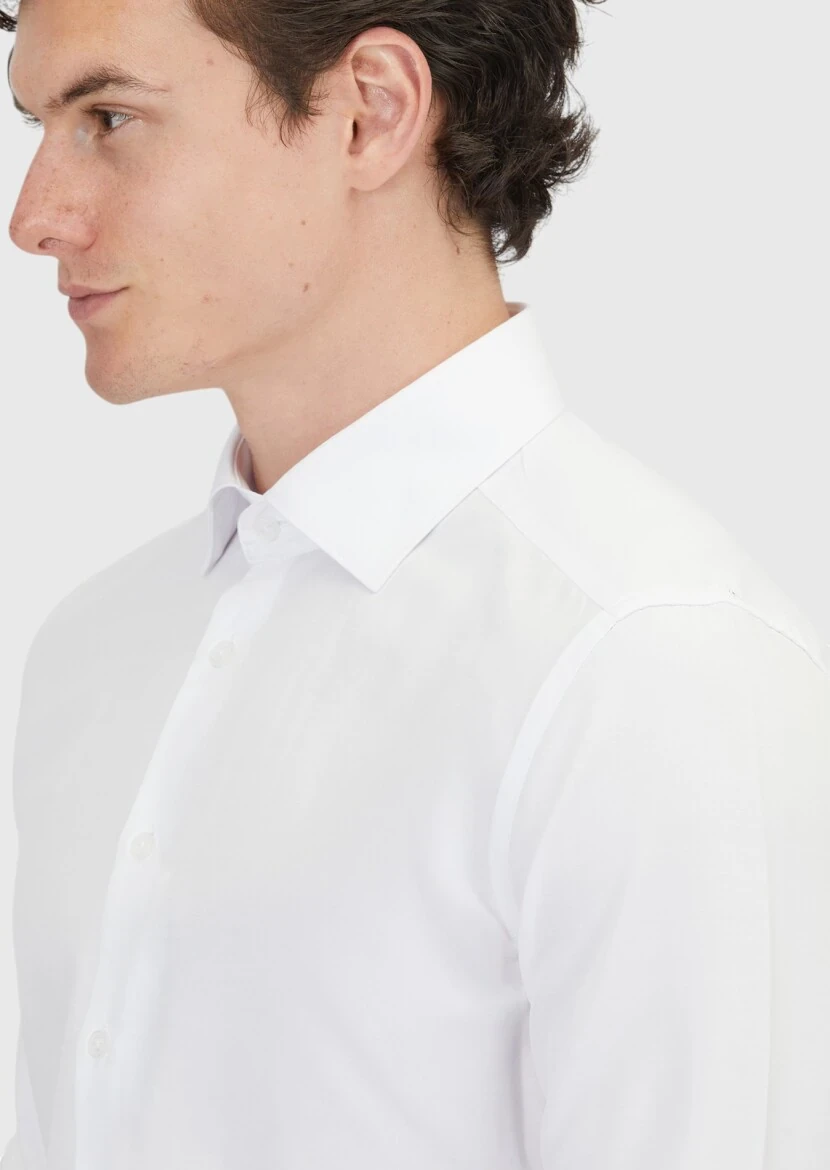 White Plain Regular Fit Weaving Classical Cotton Blended Shirt - 4