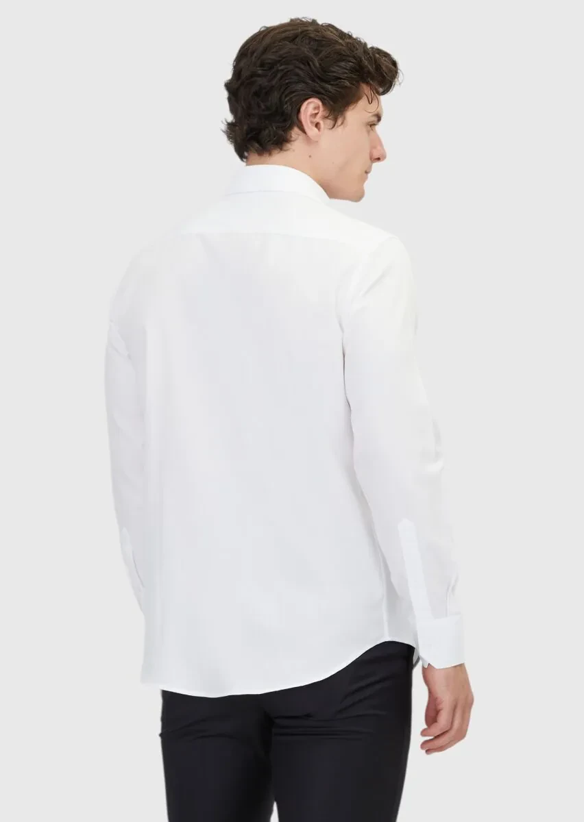 White Plain Regular Fit Weaving Classical Cotton Blended Shirt - 5
