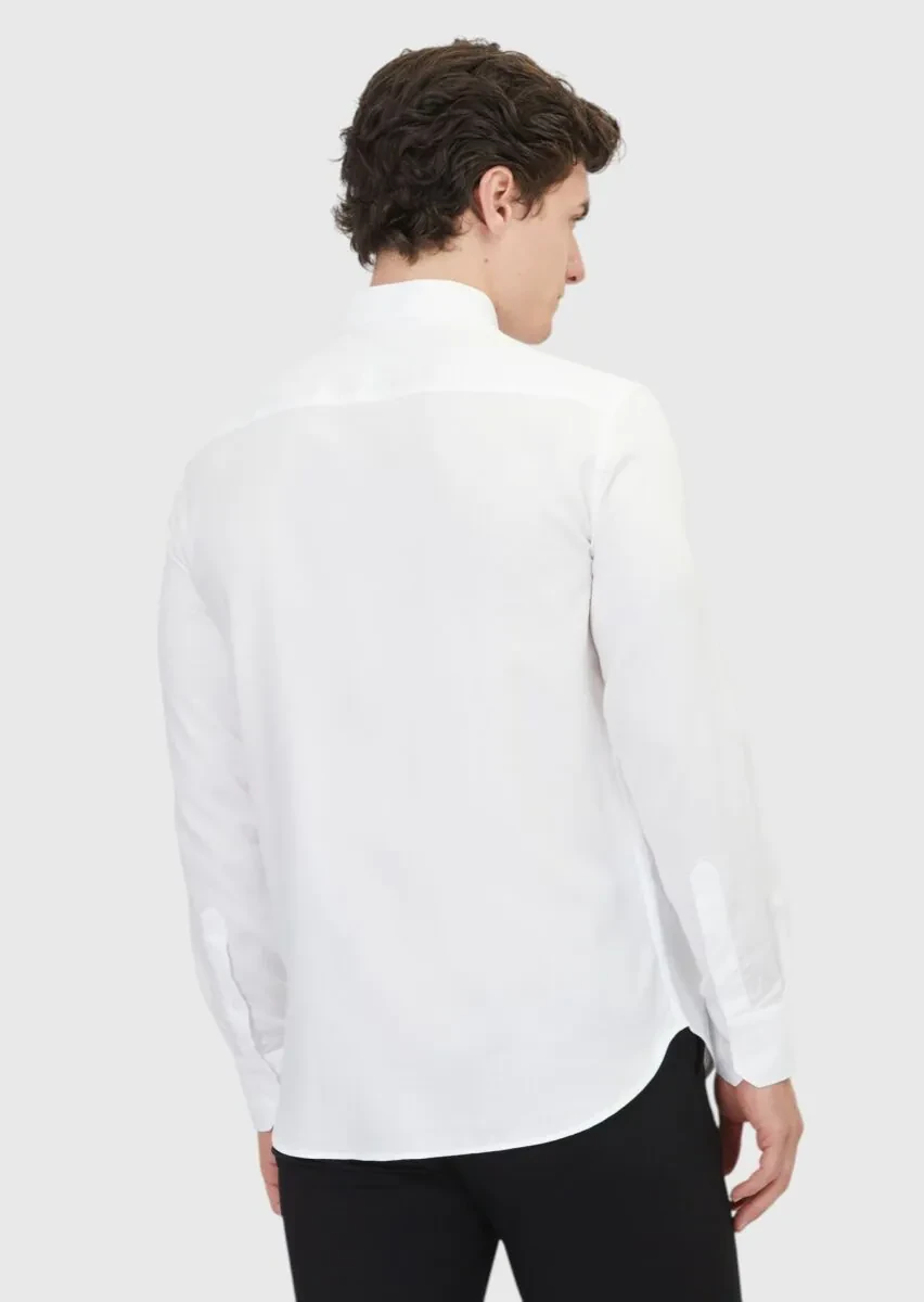 White Plain Regular Fit Weaving Classical Cotton Blended Shirt - 5