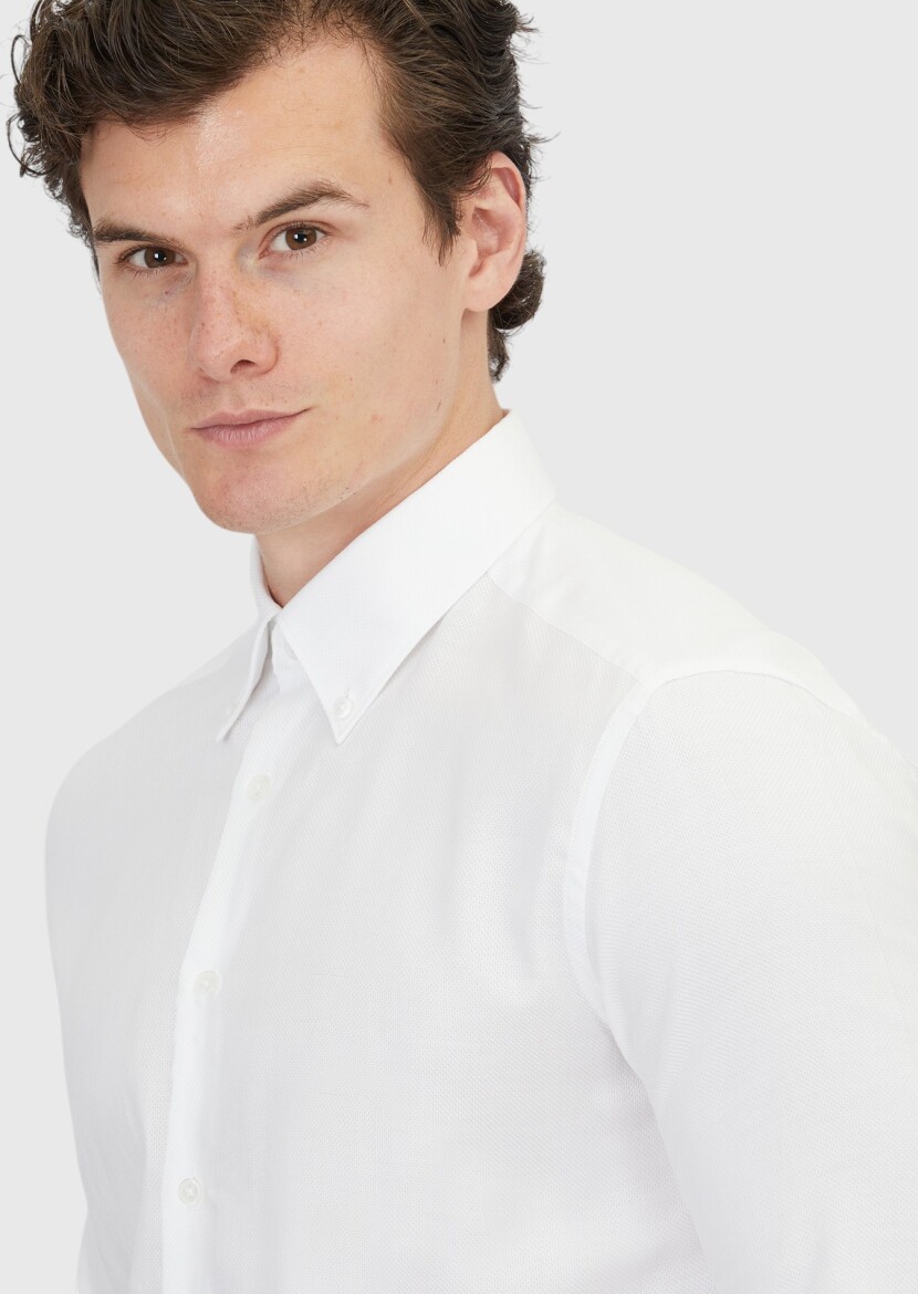 White Plain Regular Fit Weaving Classical Cotton Blended Shirt - 3