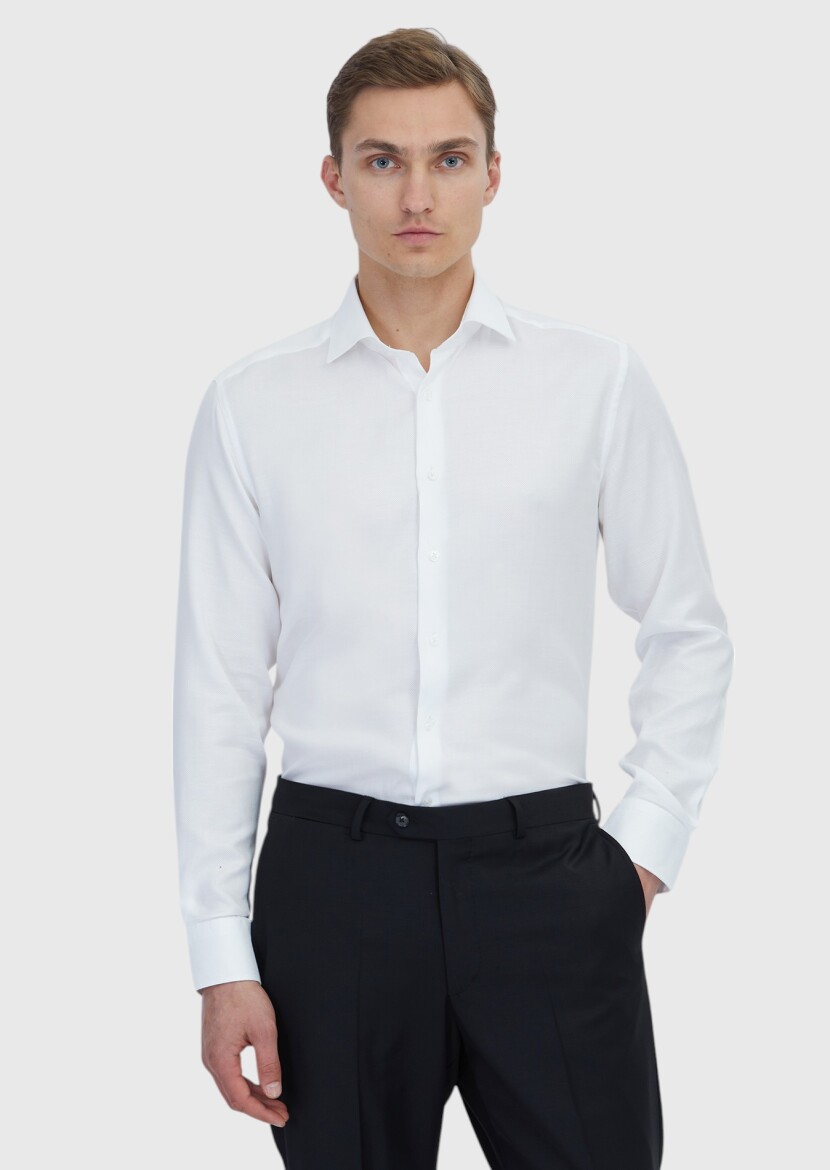 White Plain Regular Fit Weaving Classical Cotton Blended Shirt - 1