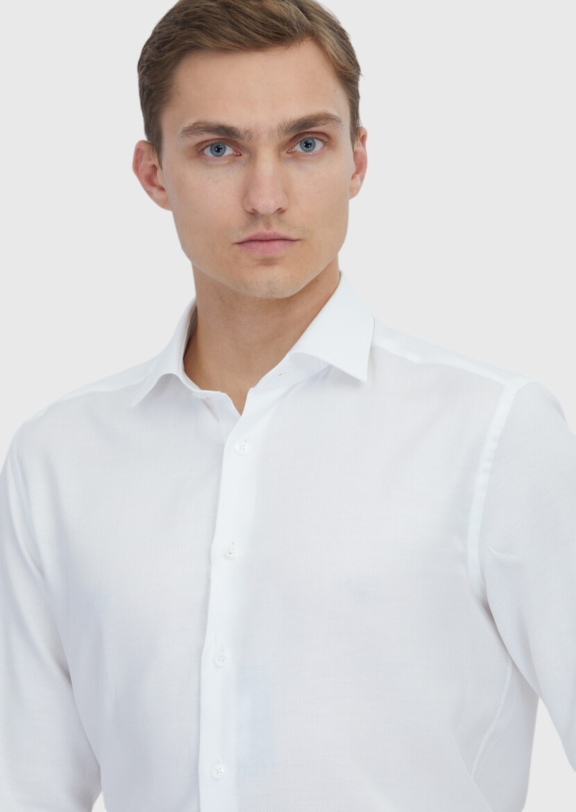 White Plain Regular Fit Weaving Classical Cotton Blended Shirt - 3