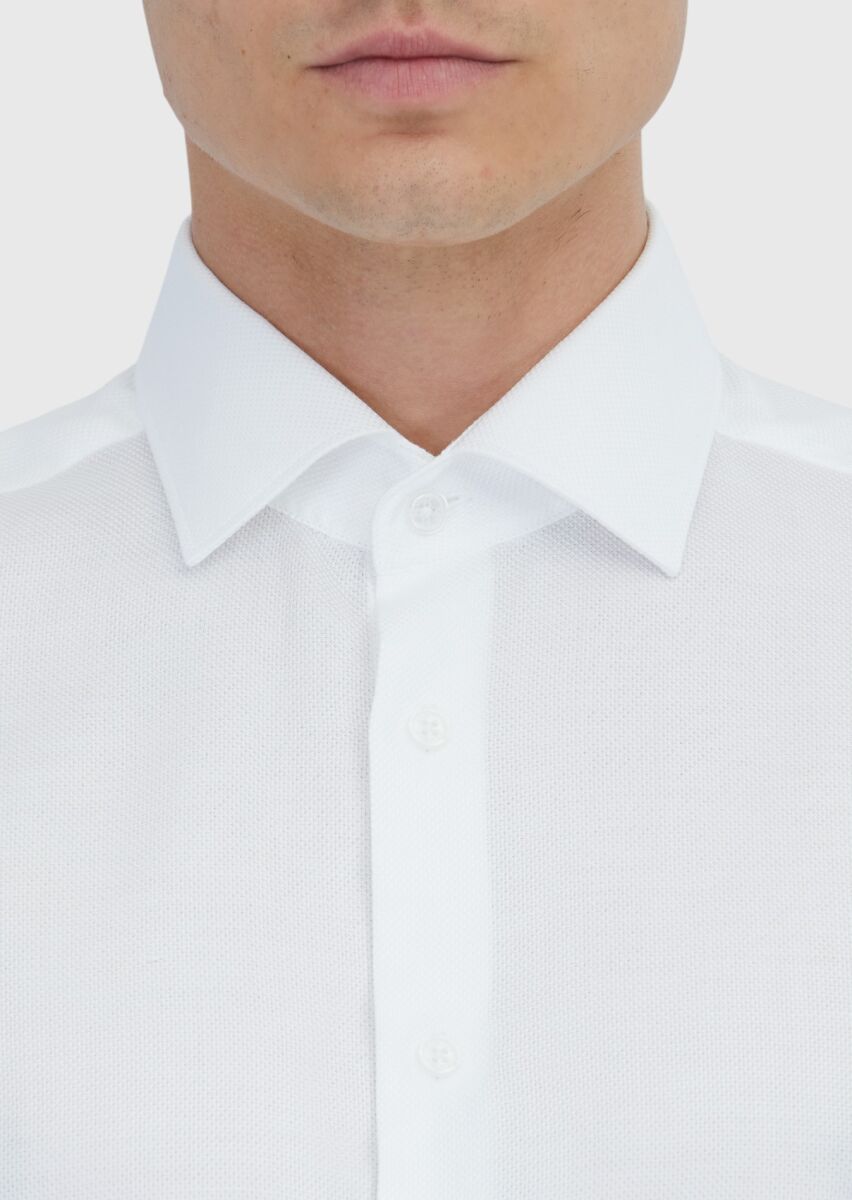 White Plain Regular Fit Weaving Classical Cotton Blended Shirt - 4