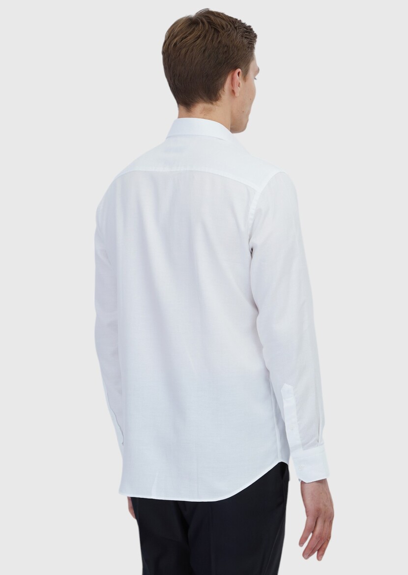 White Plain Regular Fit Weaving Classical Cotton Blended Shirt - 5