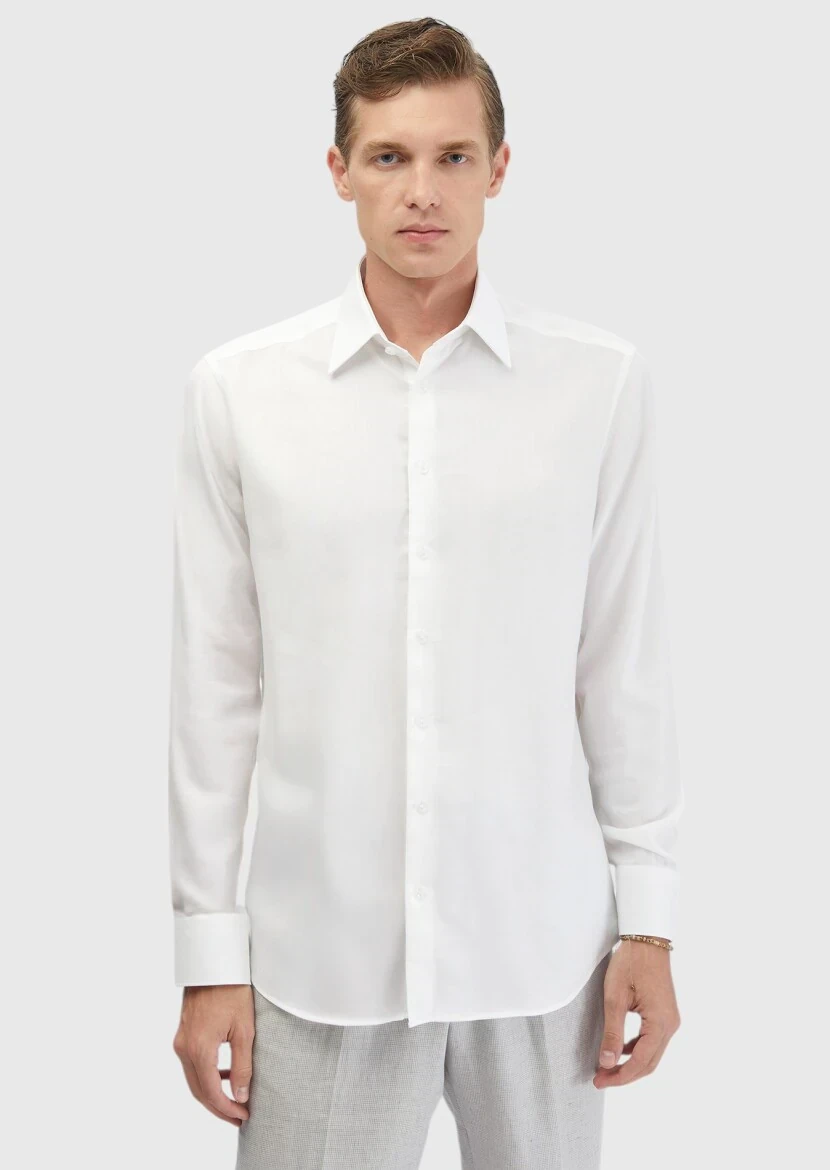 White Plain Regular Fit Weaving Classical Cotton Blended Shirt - 3