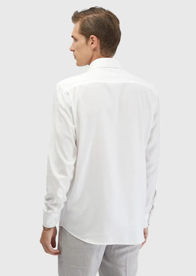 White Plain Regular Fit Weaving Classical Cotton Blended Shirt - 7