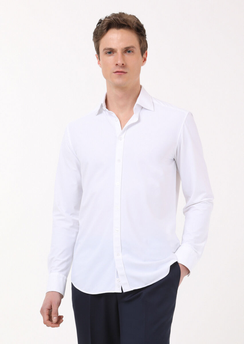 White Plain Regular Fit Weaving Classical Shirt - 1