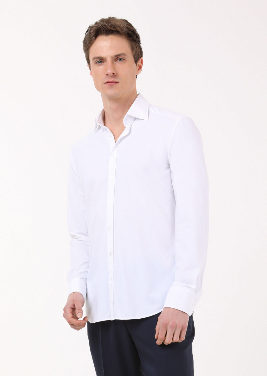 White Plain Regular Fit Weaving Classical Shirt - 2