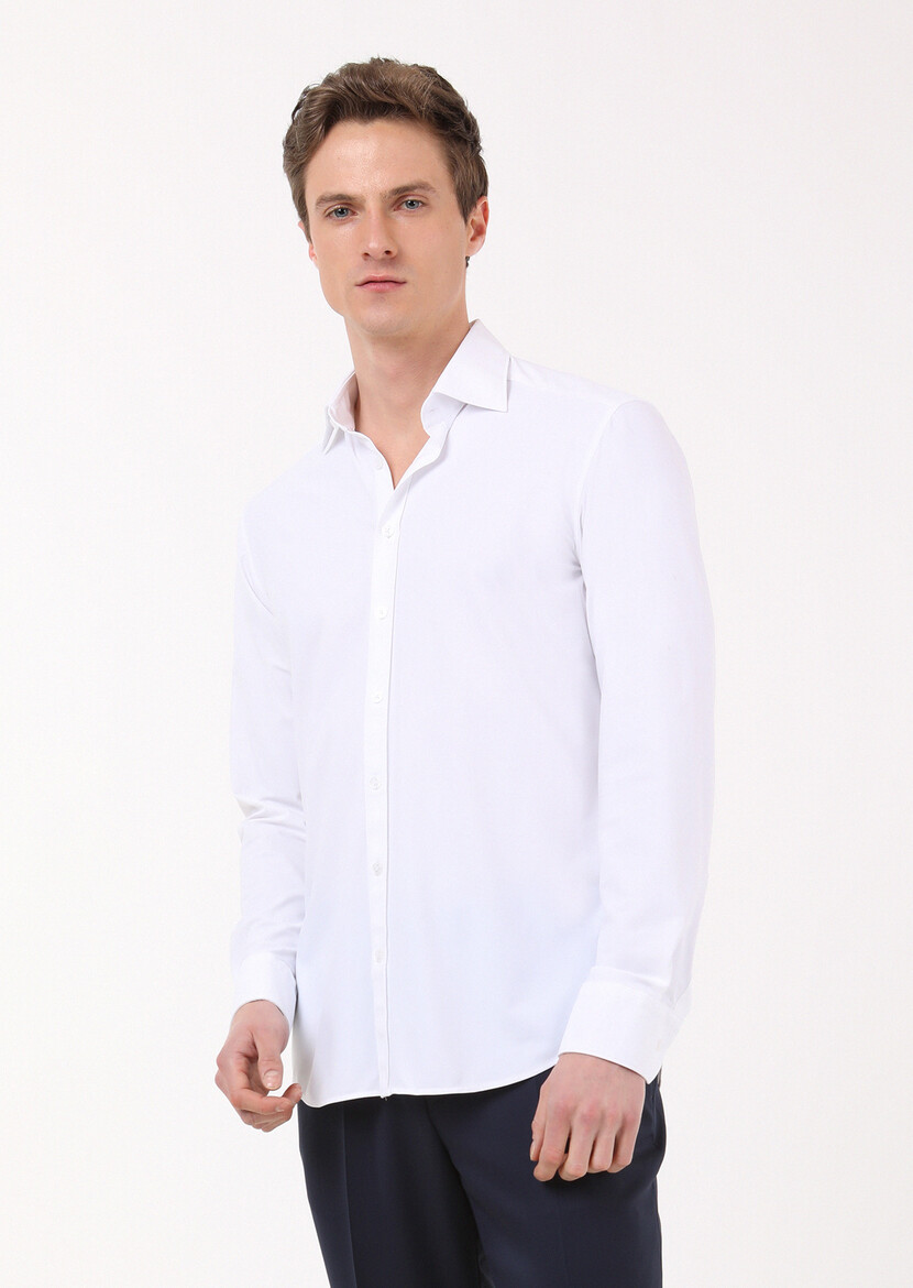 White Plain Regular Fit Weaving Classical Shirt - 2