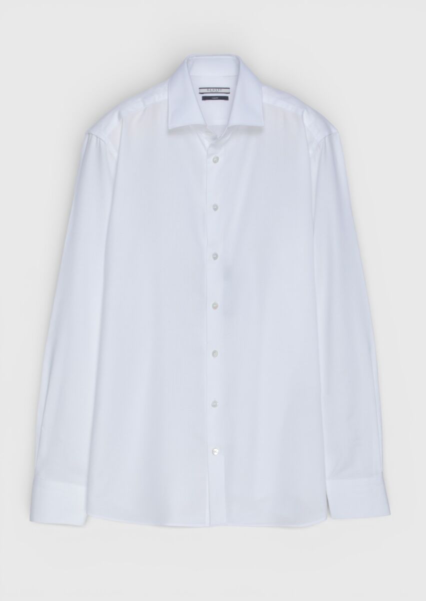 White Plain Regular Fit Weaving Classical Wool Blended Shirt - 5