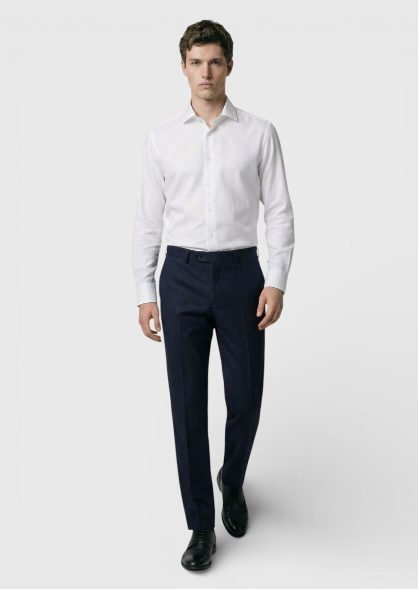 White Plain Regular Fit Weaving Classical Wool Blended Shirt - 2