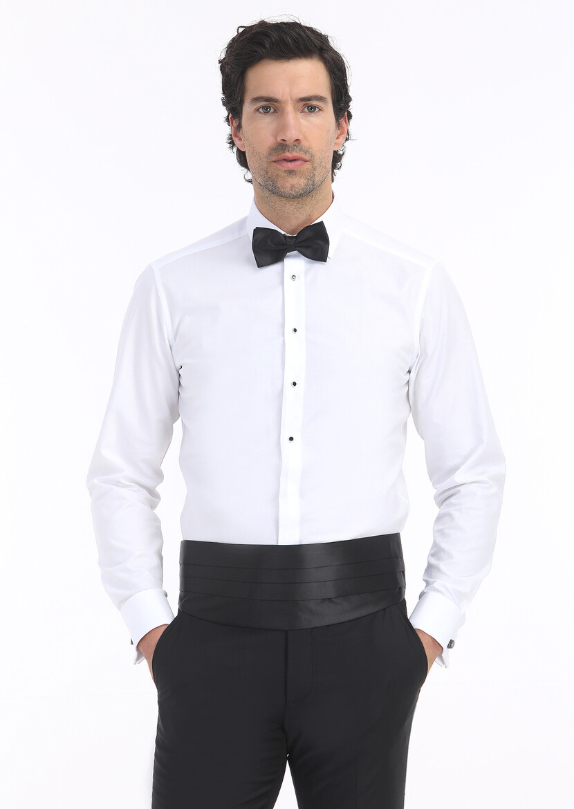 White Plain Slim Fit Double Cuff Classic Collar Tuxedo Shirts - 1