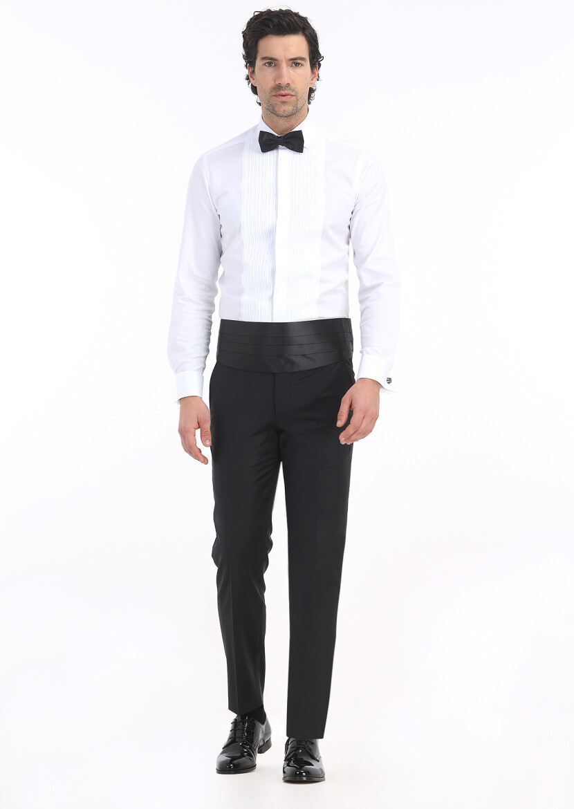 White Plain Slim Fit Double Cuff Classic Collar Tuxedo Shirts - 2
