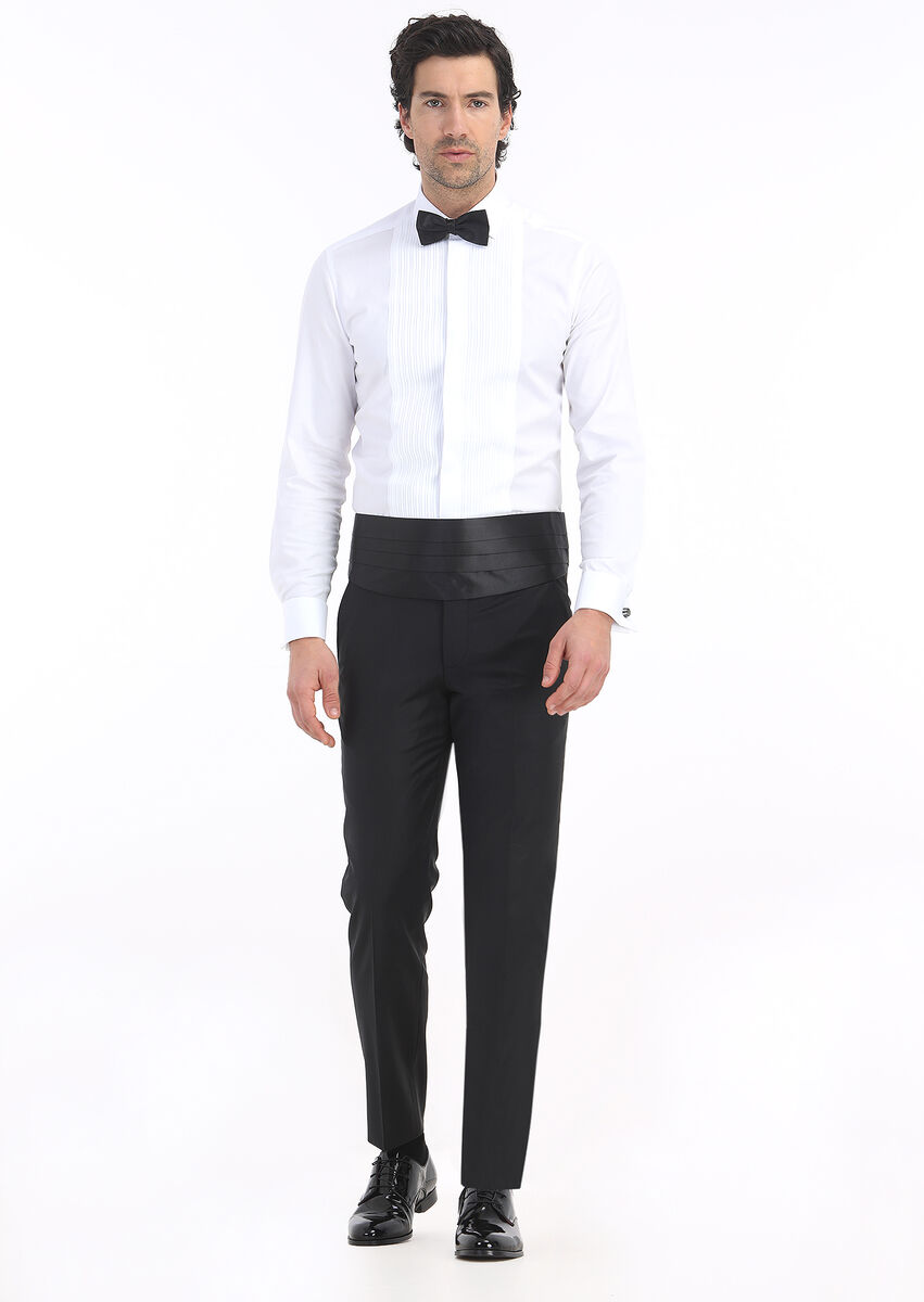 White Plain Slim Fit Double Cuff Classic Collar Tuxedo Shirts - 2