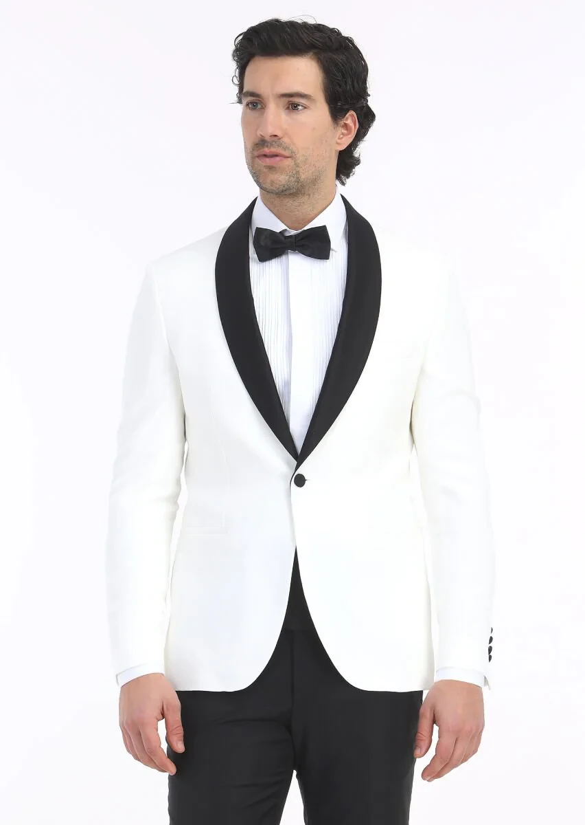 White Plain Slim Fit Double Cuff Classic Collar Tuxedo Shirts - 3