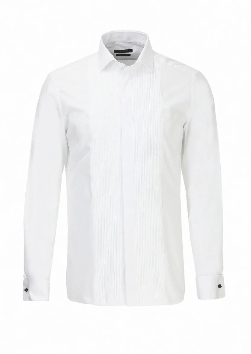 White Plain Slim Fit Double Cuff Classic Collar Tuxedo Shirts - 6