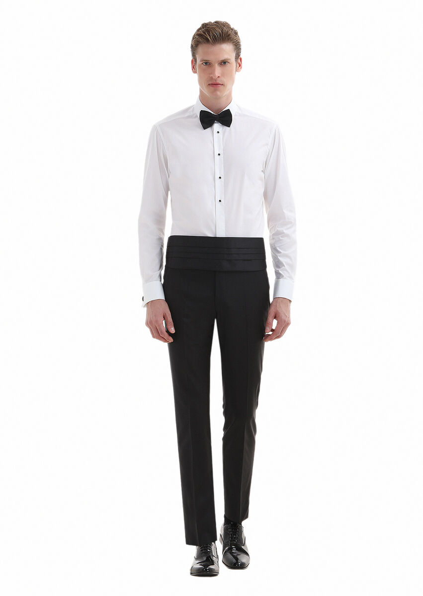 White Plain Slim Fit Double Cuff Classic Collar Tuxedo Shirts - 1