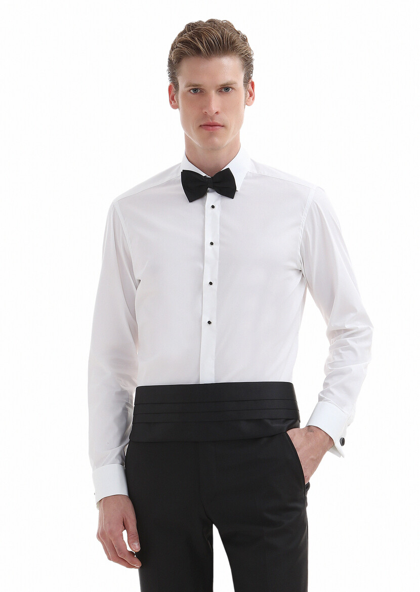 White Plain Slim Fit Double Cuff Classic Collar Tuxedo Shirts - 2