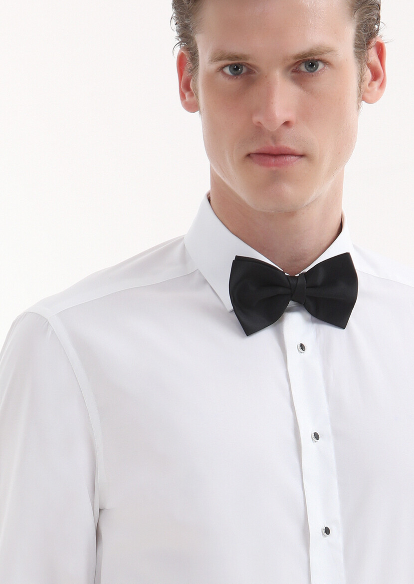 White Plain Slim Fit Double Cuff Classic Collar Tuxedo Shirts - 3