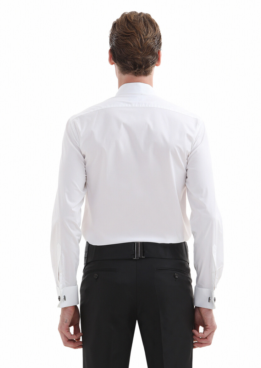 White Plain Slim Fit Double Cuff Classic Collar Tuxedo Shirts - 4