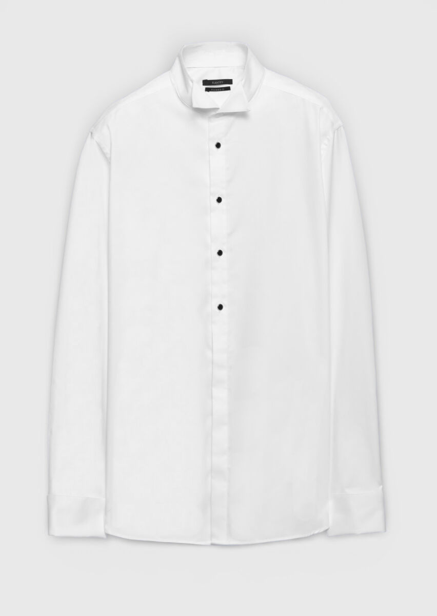 White Plain Slim Fit Double Cuff Tuxedo Shirts - 5