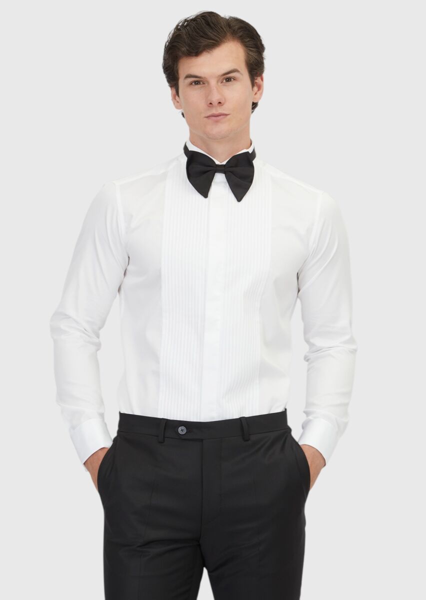 White Plain Slim Fit Double Cuff Tuxedo Shirts - 1
