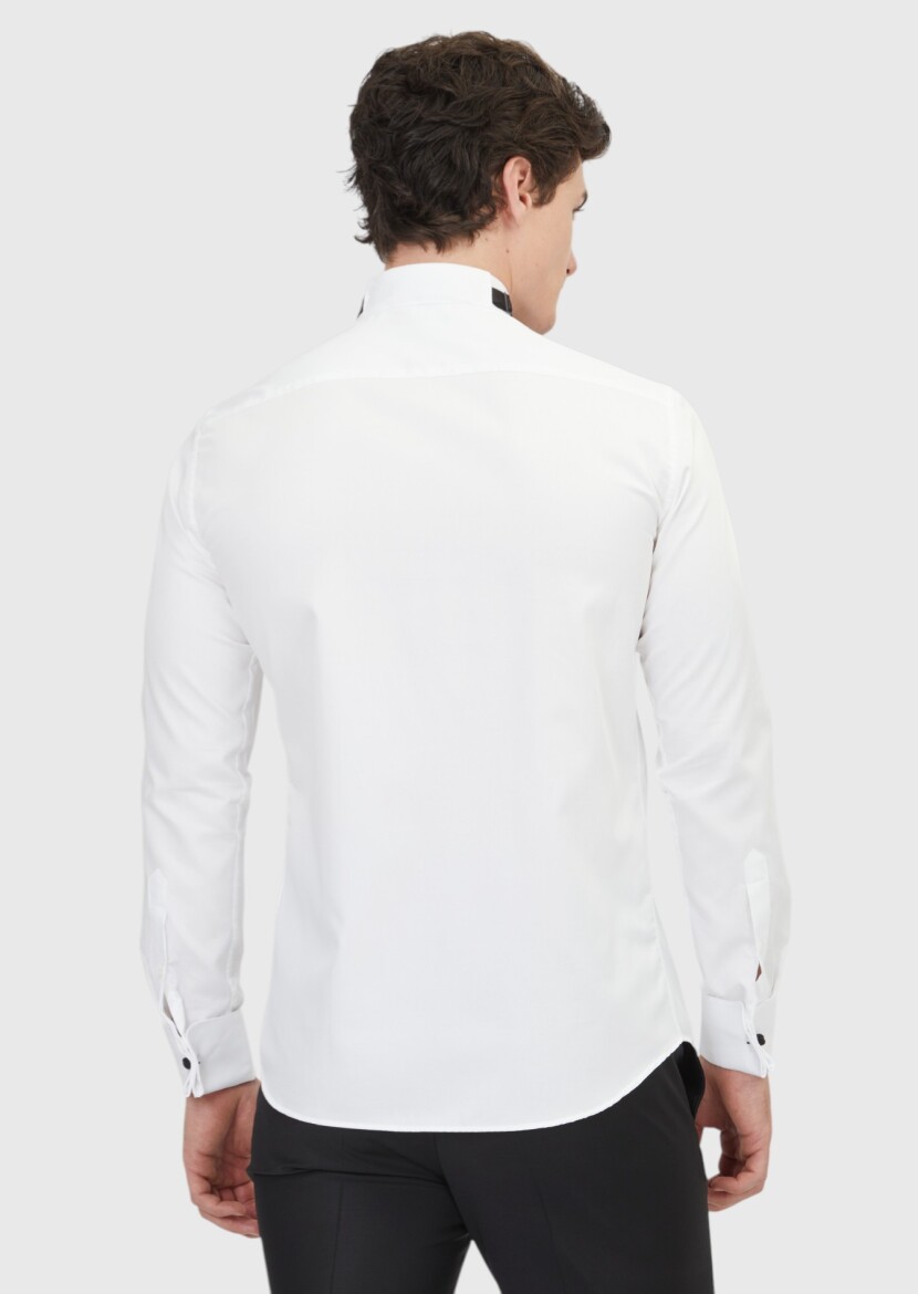 White Plain Slim Fit Double Cuff Tuxedo Shirts - 5