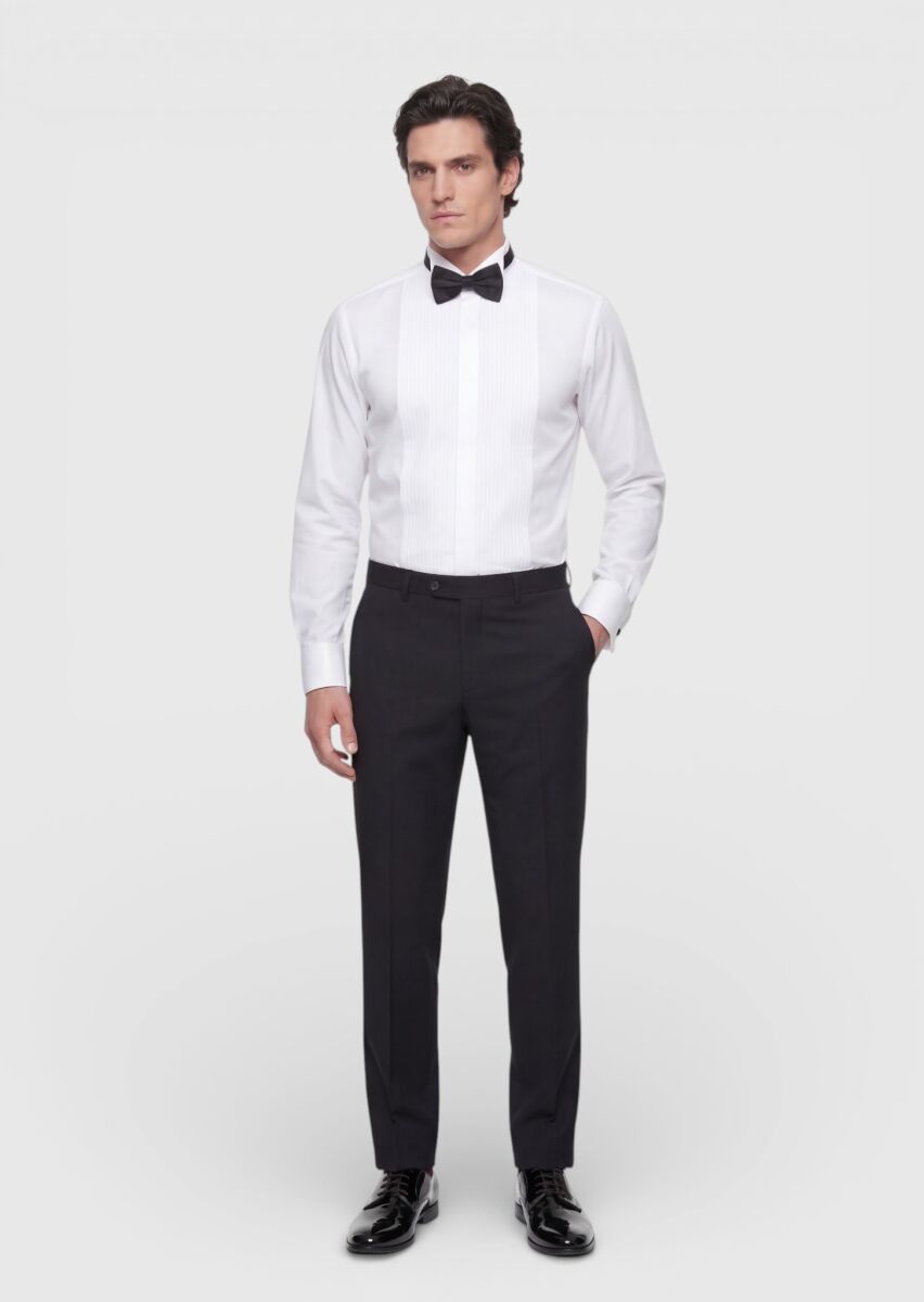 White Plain Slim Fit Double Cuff Tuxedo Shirts - 2