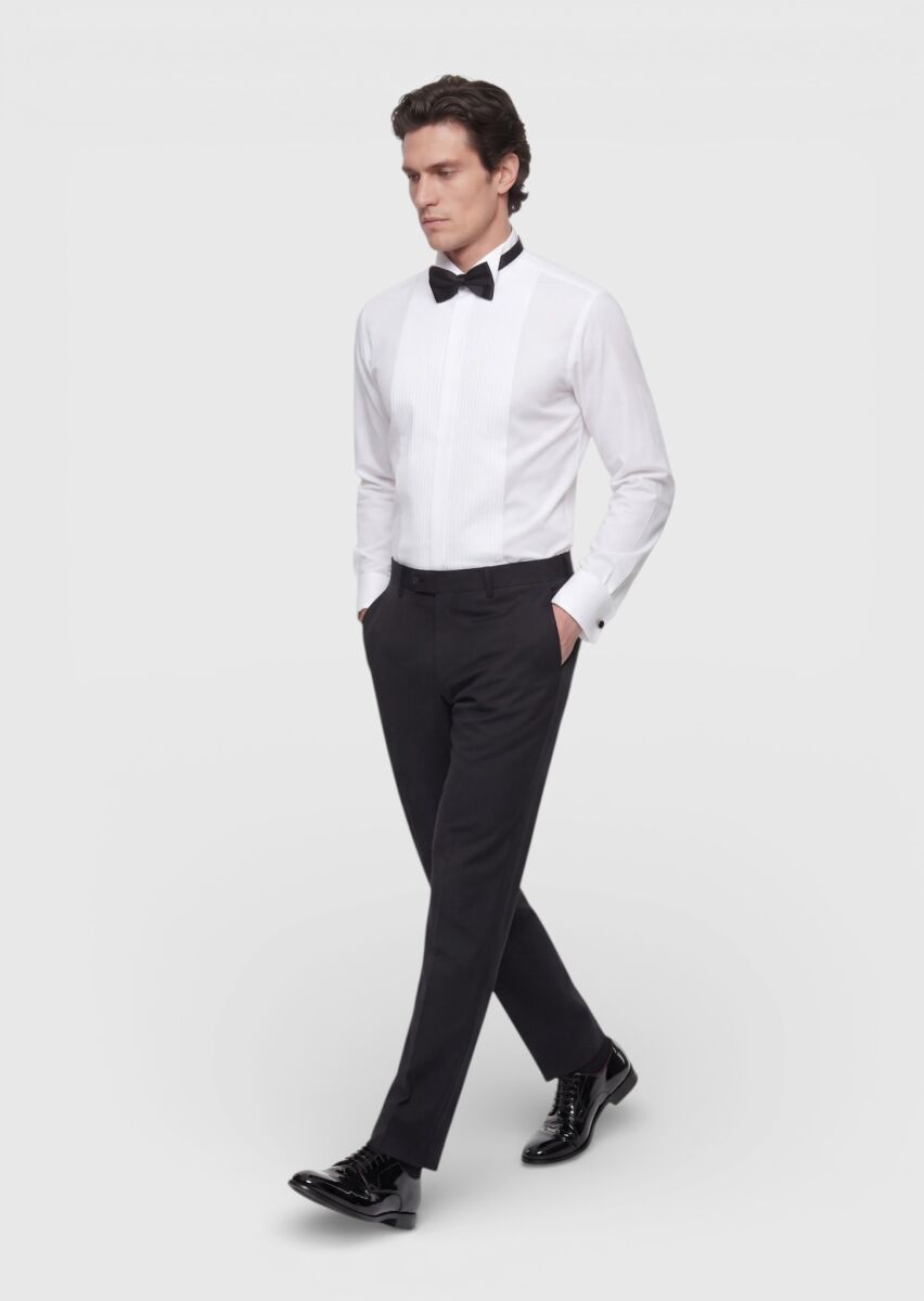 White Plain Slim Fit Double Cuff Tuxedo Shirts - 3