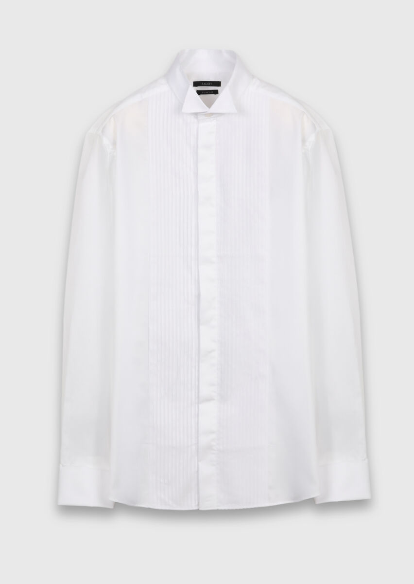 White Plain Slim Fit Double Cuff Tuxedo Shirts - 5