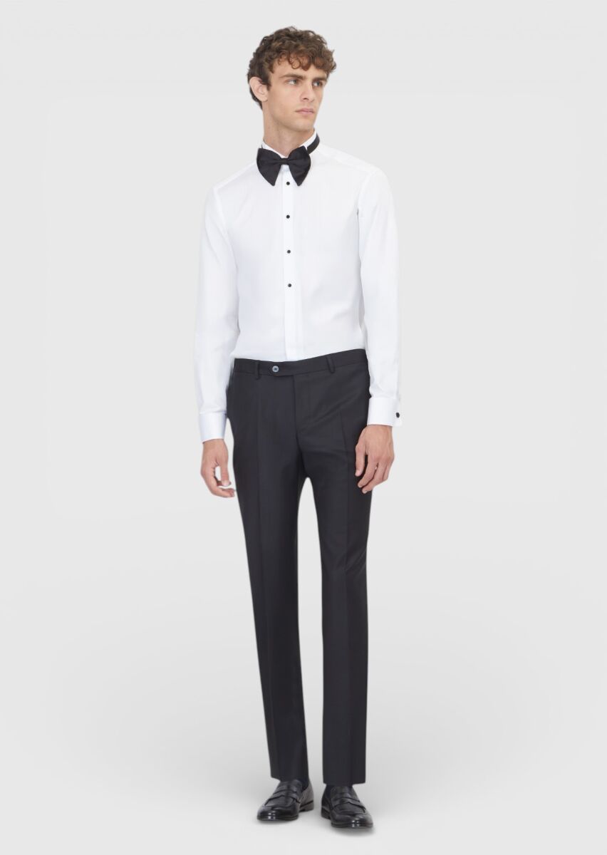 White Plain Slim Fit Double Cuff Wing Collar Tuxedo Shirts - 2