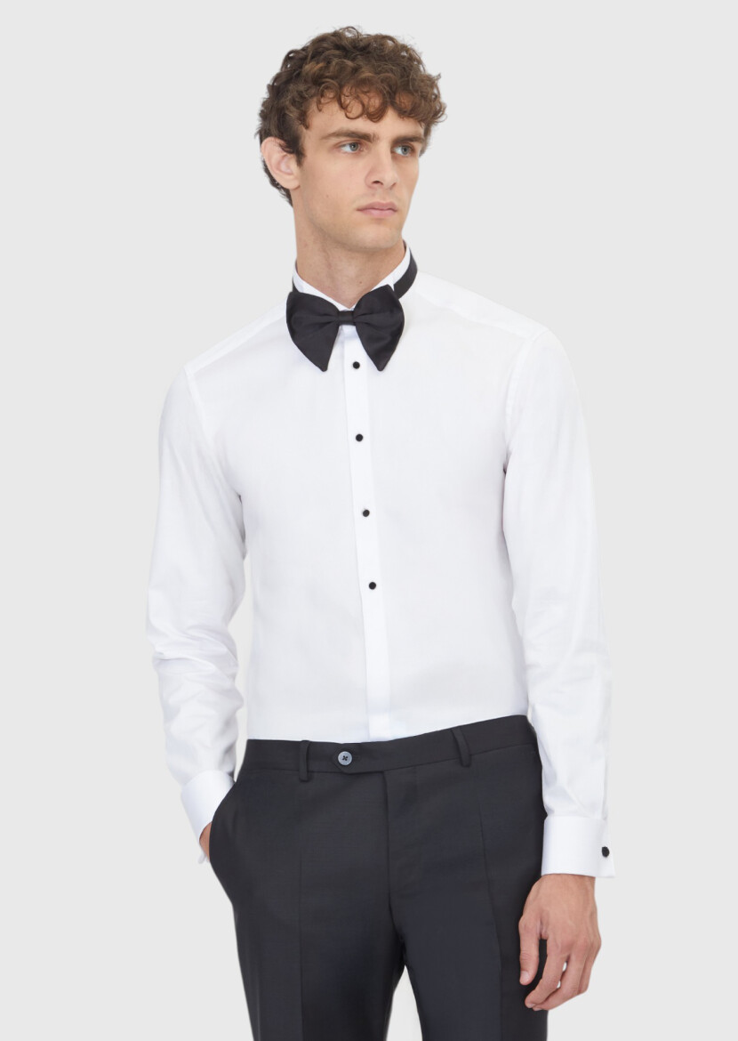 White Plain Slim Fit Double Cuff Tuxedo Shirts - RAMSEY