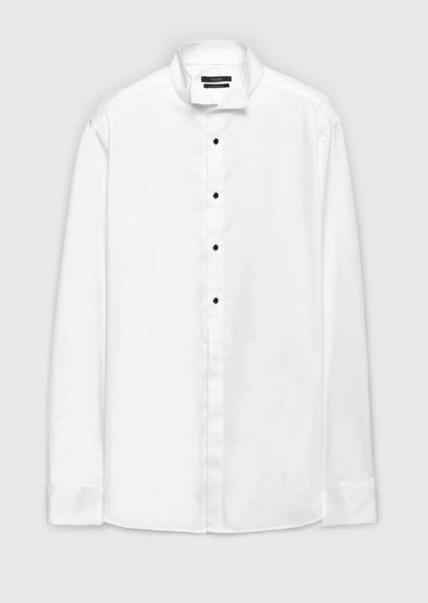 White Plain Slim Fit Double Cuff Tuxedo Shirts - 5