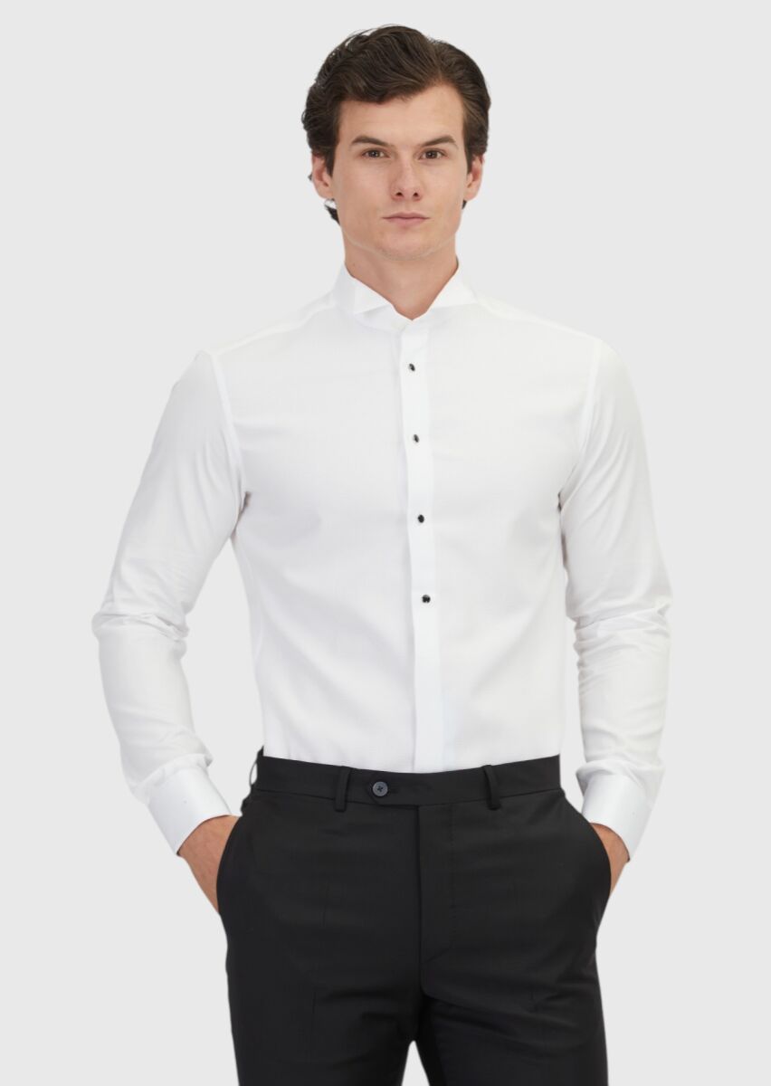 White Plain Slim Fit Double Cuff Wing Collar Tuxedo Shirts - 1