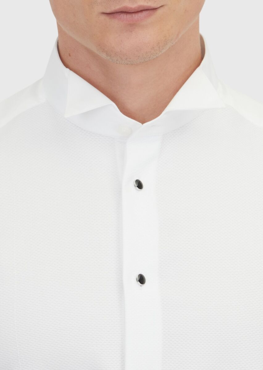 White Plain Slim Fit Double Cuff Wing Collar Tuxedo Shirts - 3