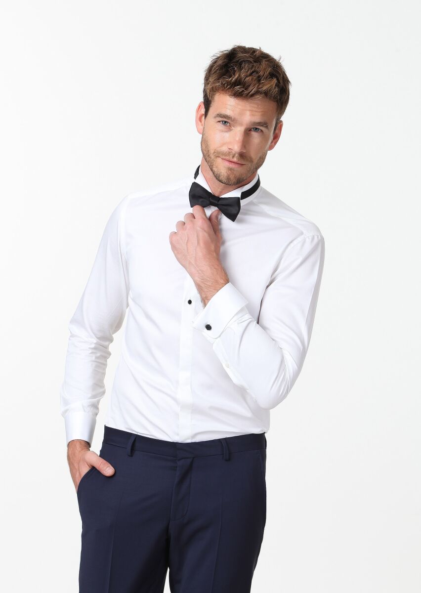 White Plain Slim Fit Double Cuff Wing Collar Tuxedo Shirts - 1