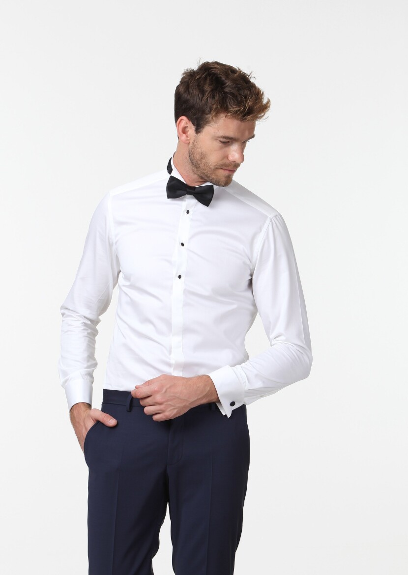 White Plain Slim Fit Double Cuff Wing Collar Tuxedo Shirts - 3