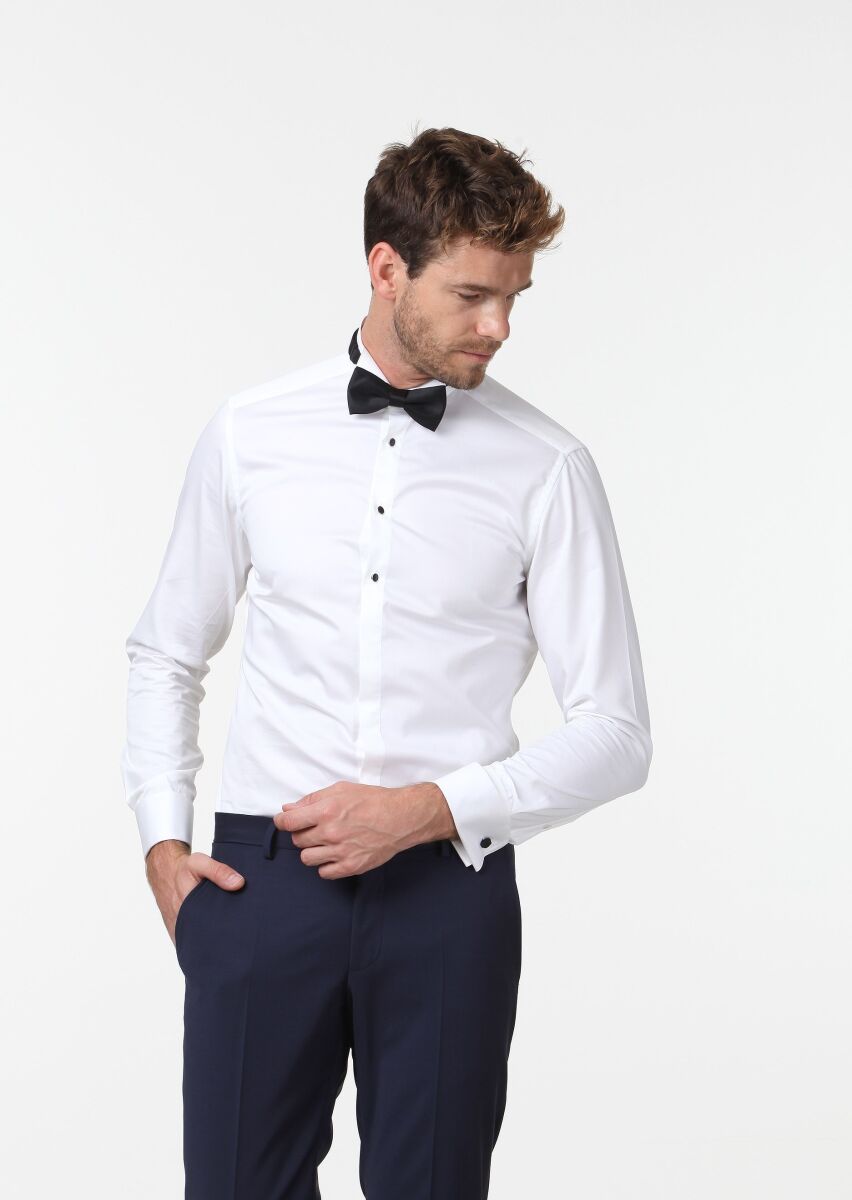 White Plain Slim Fit Double Cuff Wing Collar Tuxedo Shirts - 3