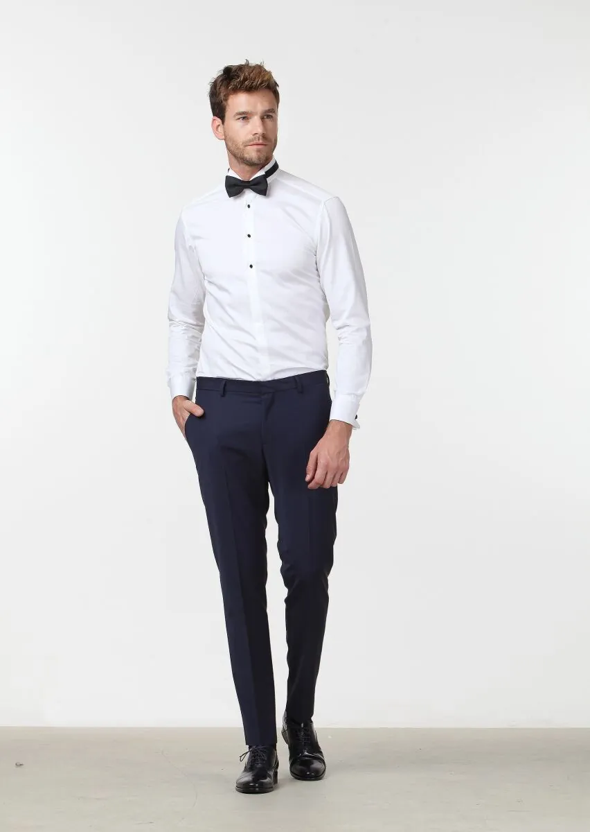White Plain Slim Fit Double Cuff Wing Collar Tuxedo Shirts - 2