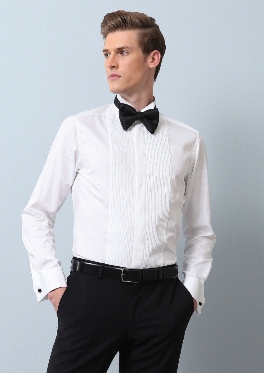 White Plain Slim Fit Double Cuff Wing Collar Tuxedo Shirts - 3
