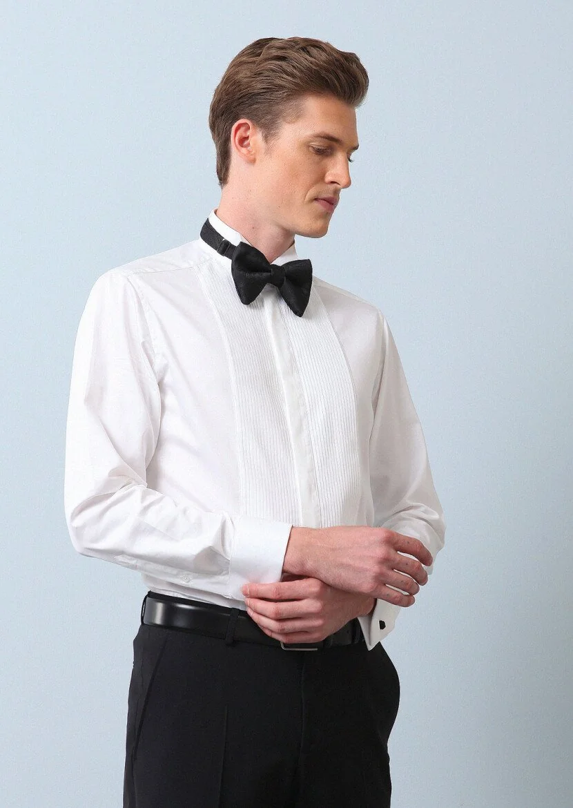 White Plain Slim Fit Double Cuff Wing Collar Tuxedo Shirts - 1