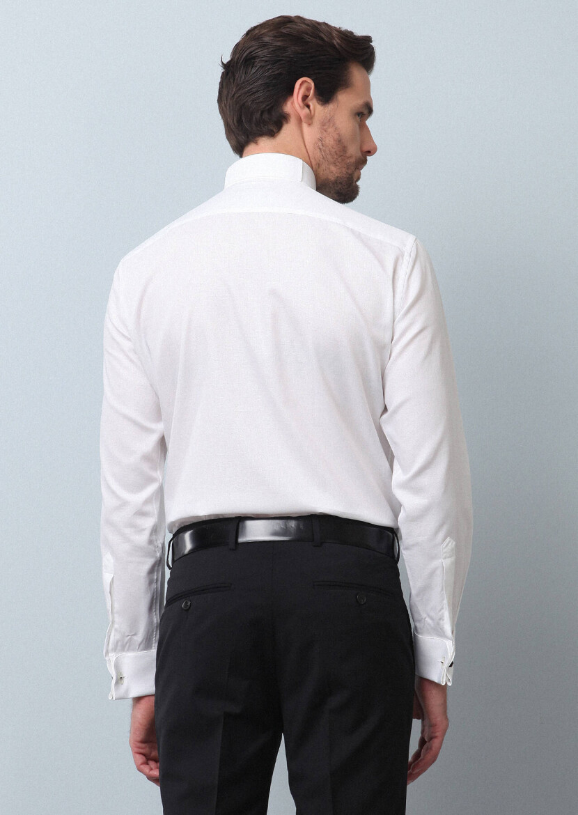 White Plain Slim Fit Double Cuff Wing Collar Tuxedo Shirts - 5