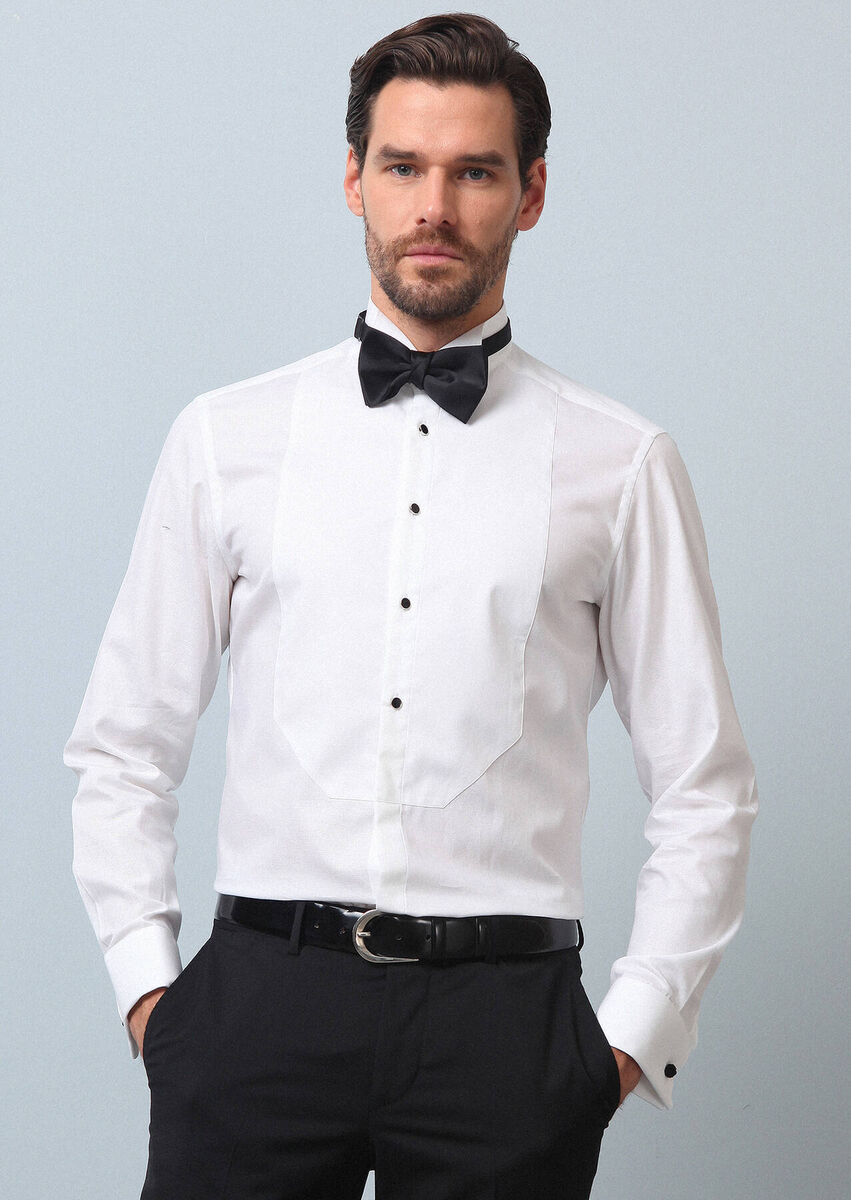 White Plain Slim Fit Double Cuff Wing Collar Tuxedo Shirts - 2