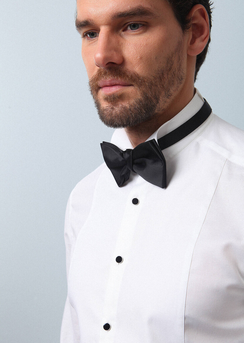 White Plain Slim Fit Double Cuff Wing Collar Tuxedo Shirts - 3