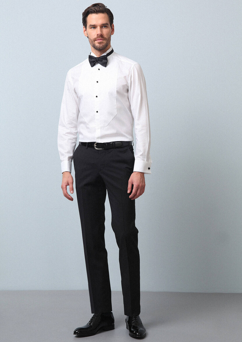 White Plain Slim Fit Double Cuff Wing Collar Tuxedo Shirts - 4