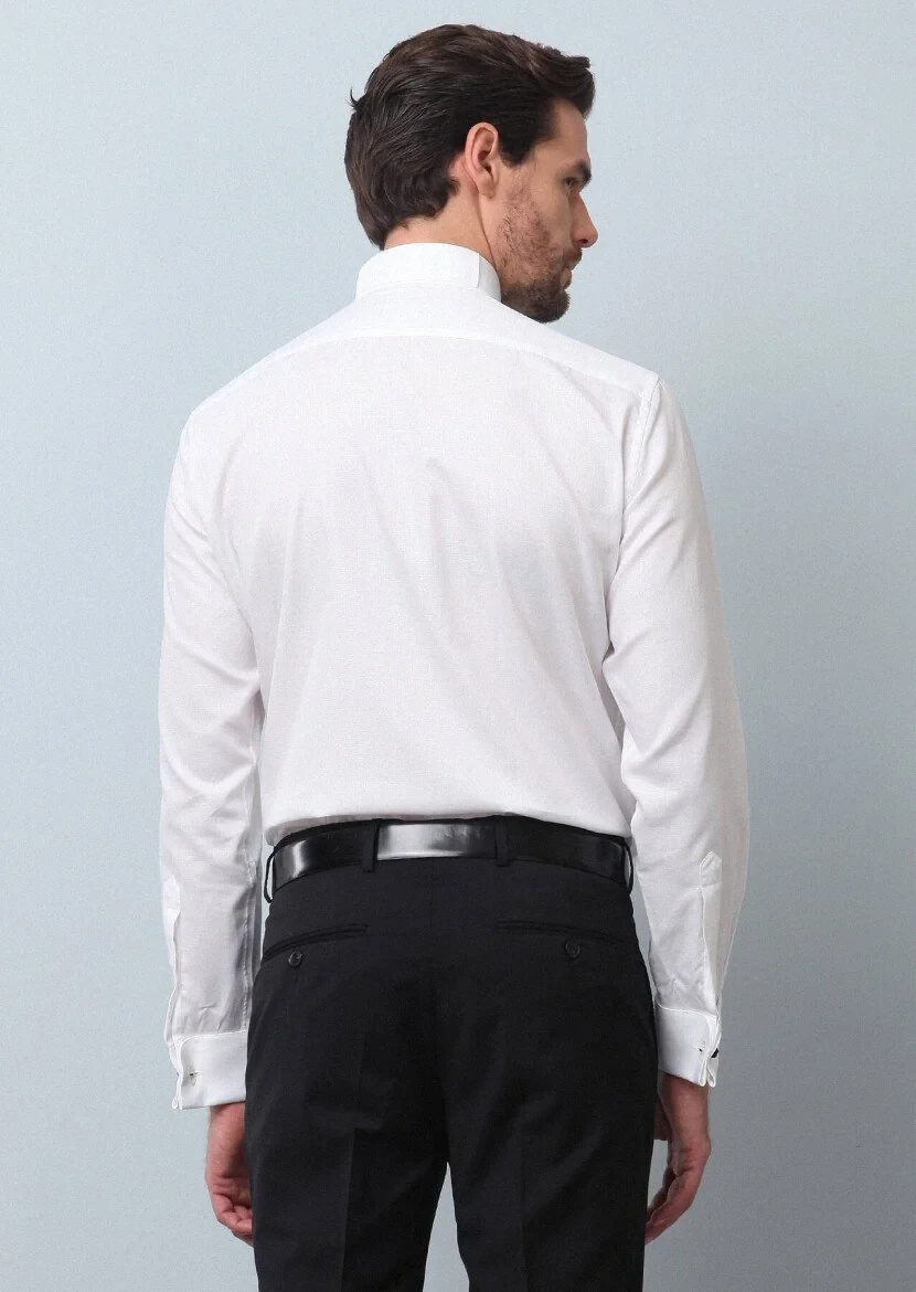 White Plain Slim Fit Double Cuff Wing Collar Tuxedo Shirts - 5