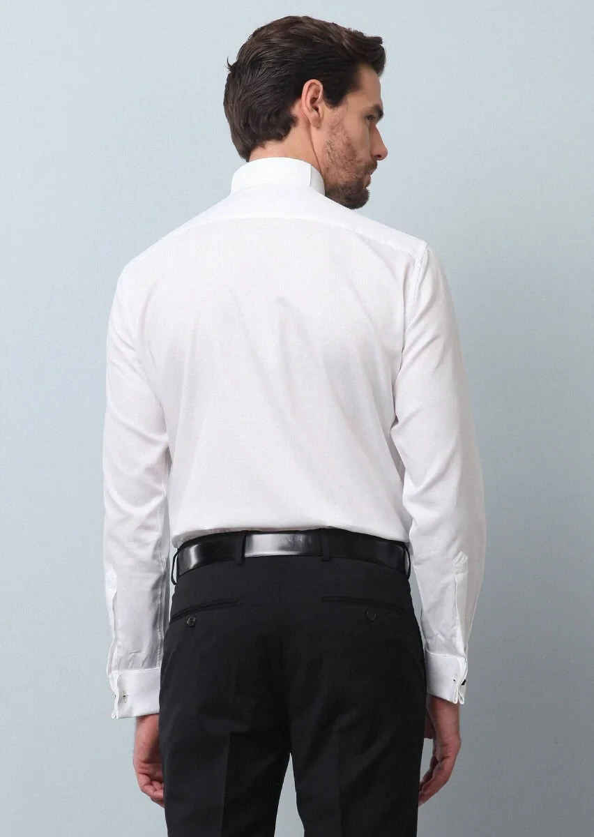White Plain Slim Fit Double Cuff Wing Collar Tuxedo Shirts - 5