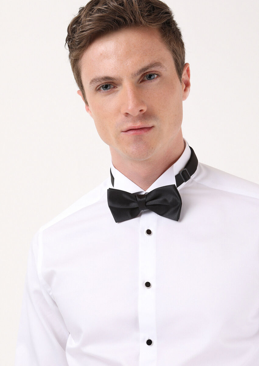 White Plain Slim Fit Double Cuff Wing Collar Tuxedo Shirts - 1