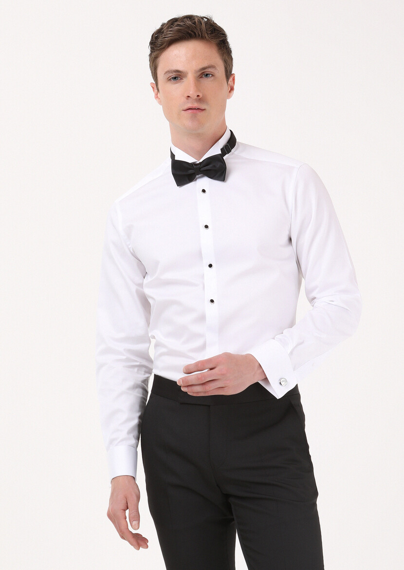 White Plain Slim Fit Double Cuff Wing Collar Tuxedo Shirts - 2